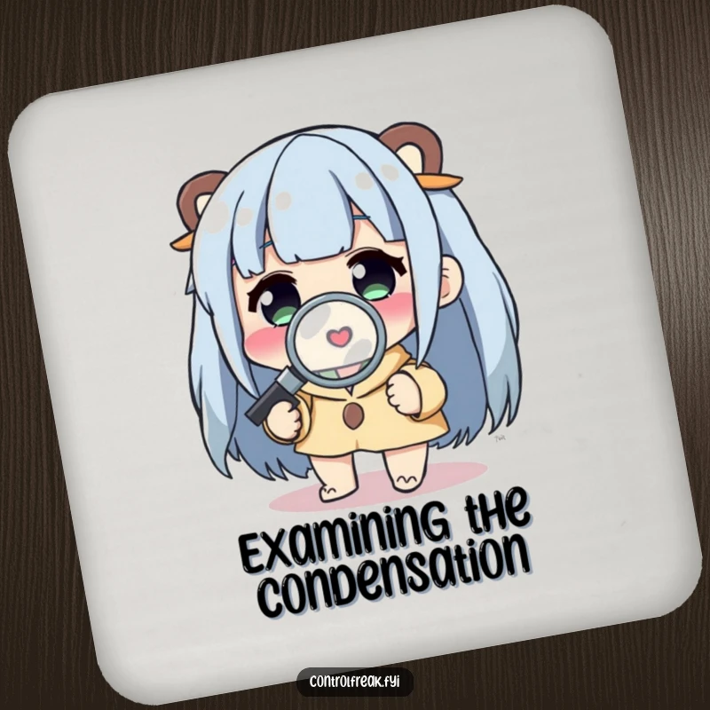 Funny Drink Coasters: Character examining a small detail with a magnifying glass, a humorous set for protecting surfaces.