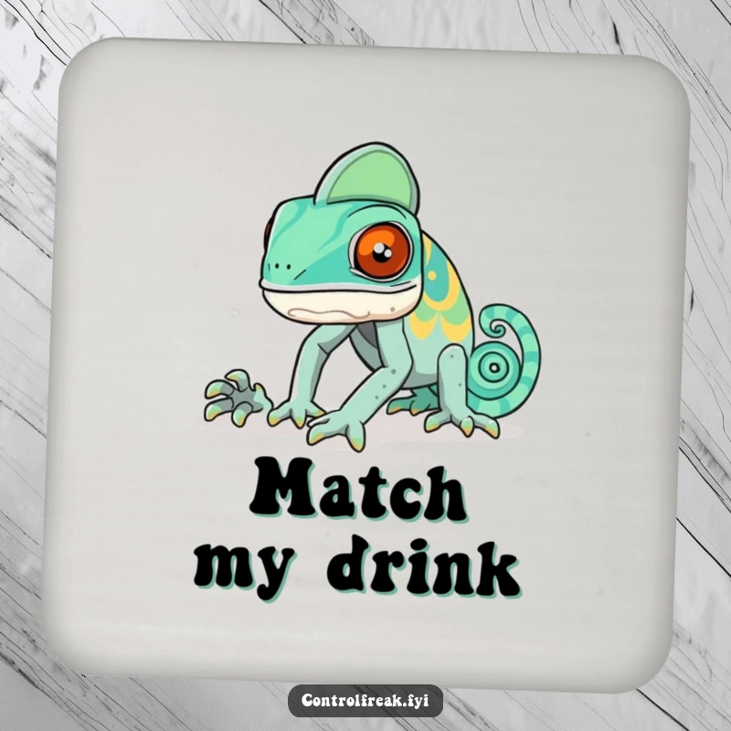 Funny chameleon drink coasters, a chameleon failing to match a pattern, adding humorous protection to tables.