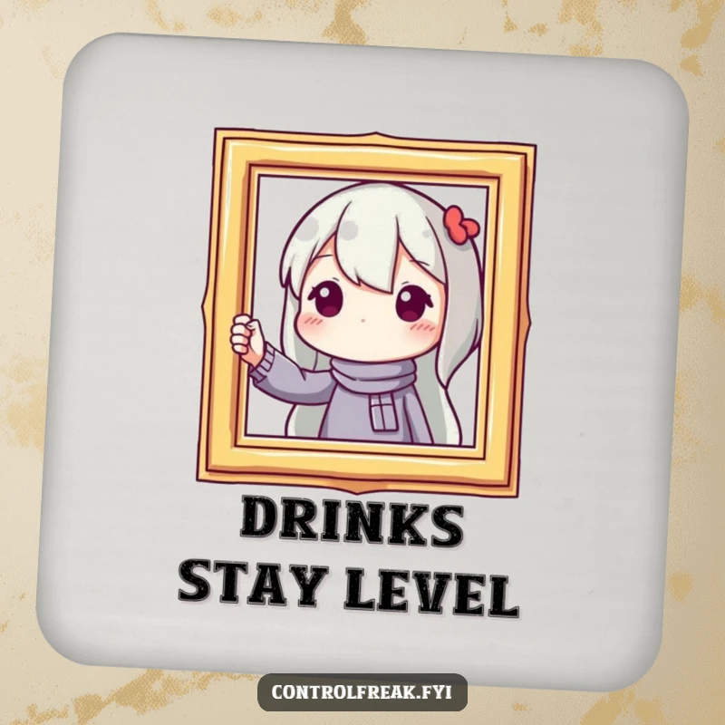 Funny coasters showcasing a character straightening a picture frame, protecting furniture with a humorous touch of precision.