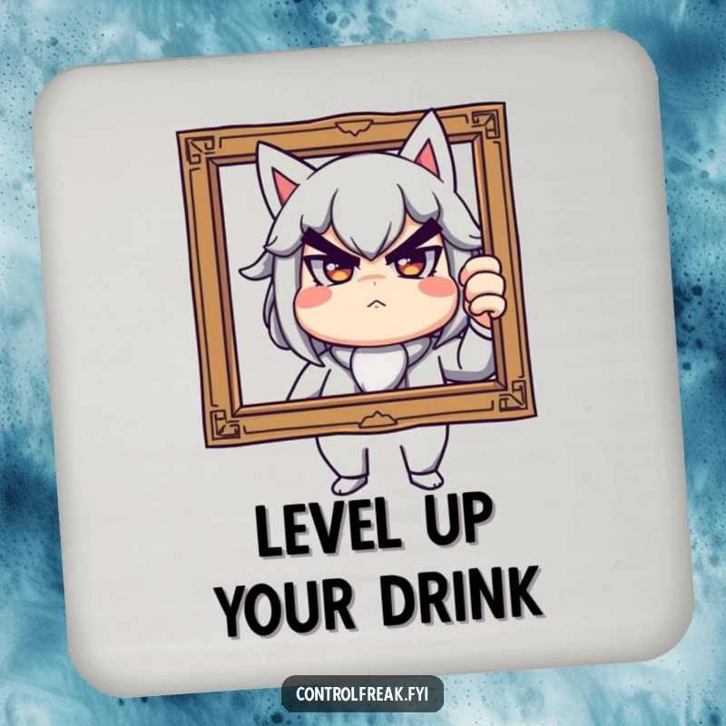Funny drink coaster featuring a stern yet playful character adjusting a tilted picture frame, offering humorous home decor protection, a unique gift.