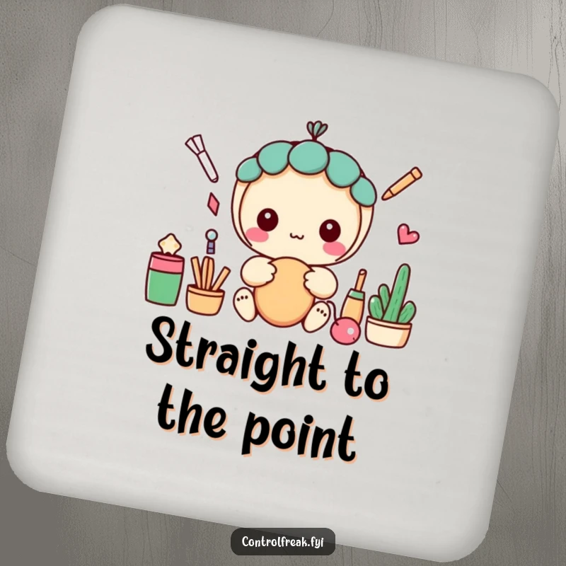 Funny set of kawaii drink coasters showcasing a character focused on arranging items in a perfectly straight line.