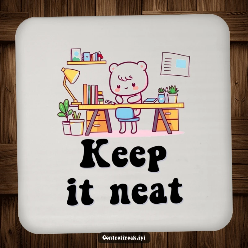 Funny Kawaii character drink coasters, tidying a pristine desk, adding a touch of order and humor.