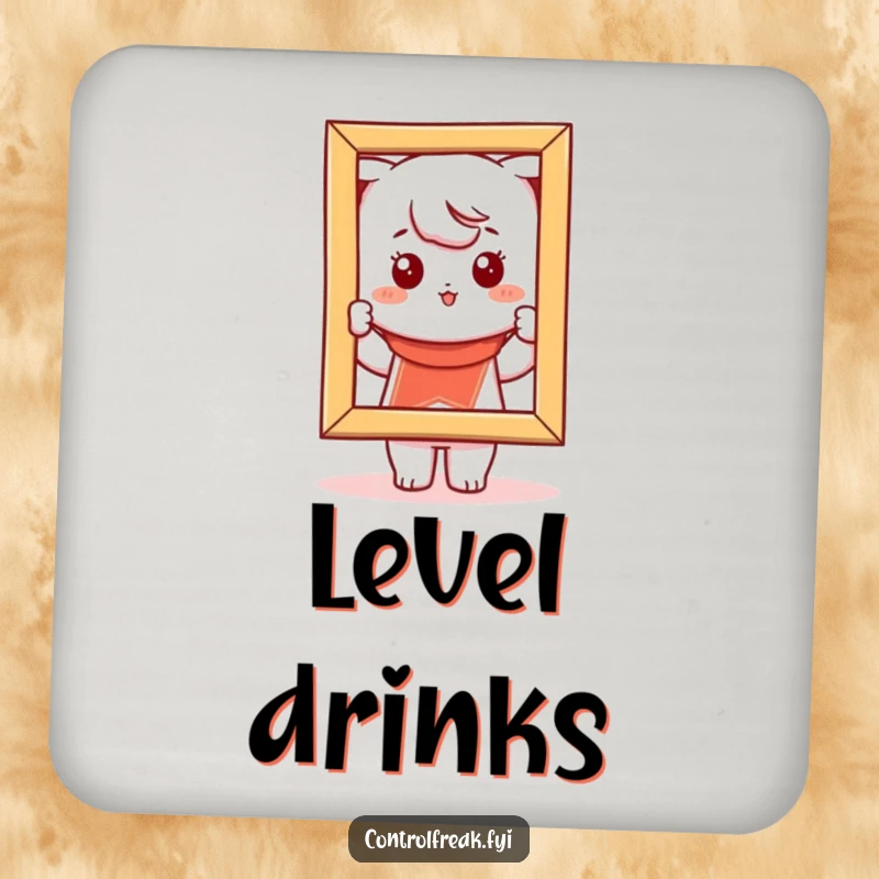 Funny Kawaii character drink coasters, adjusting a picture frame for perfect alignment, protecting surfaces with humor.