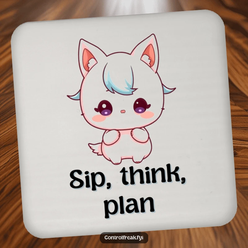 Funny Kawaii character coaster, focused gaze on a detailed blueprint, protecting surfaces.