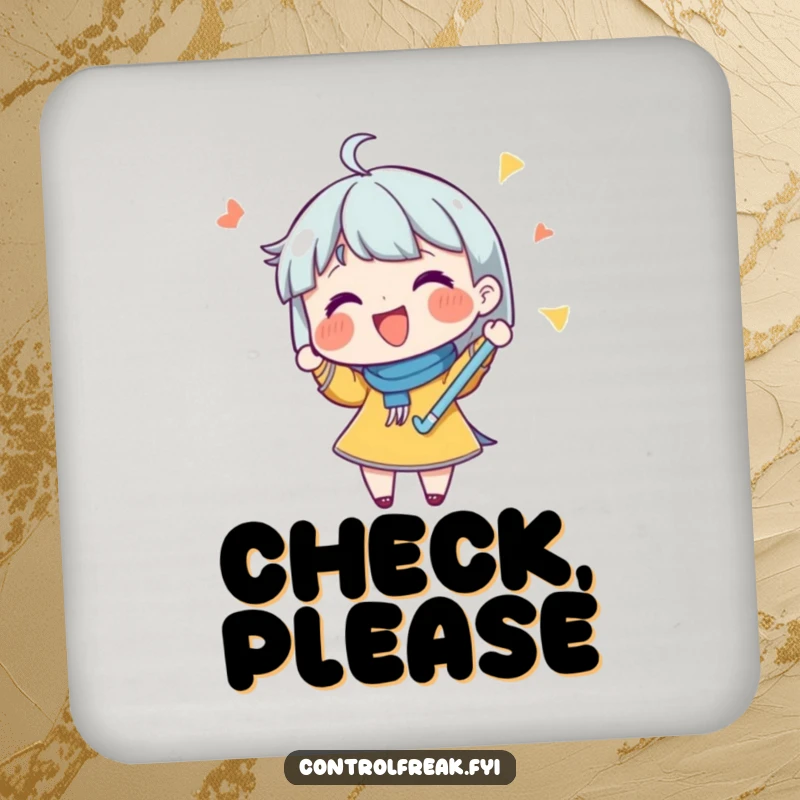 Funny drink coaster with a character joyfully checking off a list with a flourish, representing organized protection.