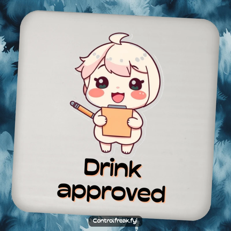 Funny drink coaster with a cheerful character holding a clipboard and pen, looking pleased, perfect for organized and humorous surfaces.