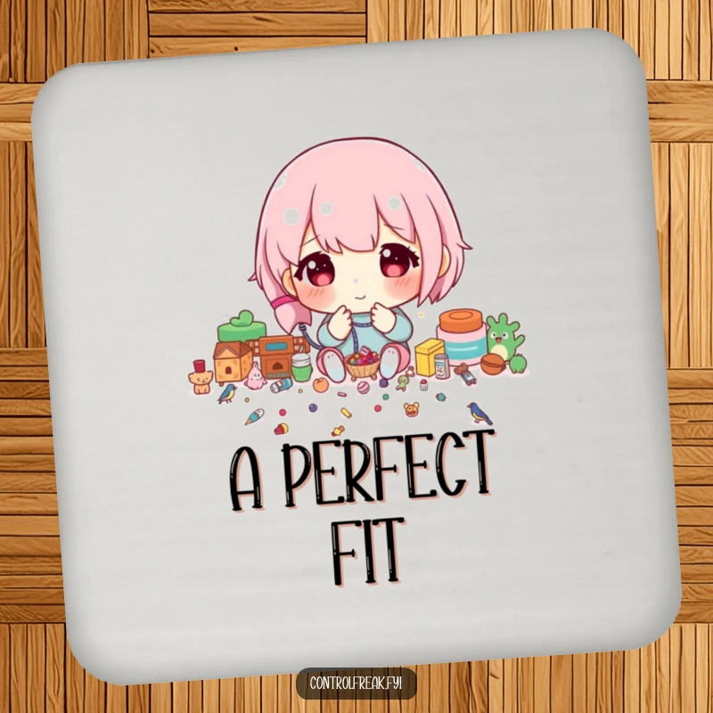 Funny Drink Coaster with a character meticulously sorting tiny items by size, adding a humorous touch to surface protection.
