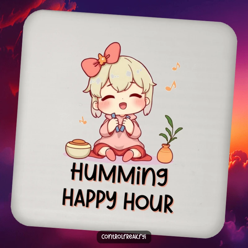 Funny drink coaster featuring a character humming contentedly while tidying, protecting surfaces with a dose of peace and charm. A delightful accessory.