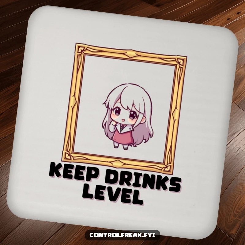 Funny drink coaster: A character is carefully adjusting a slightly tilted picture frame, showing a dedication to perfect alignment.
