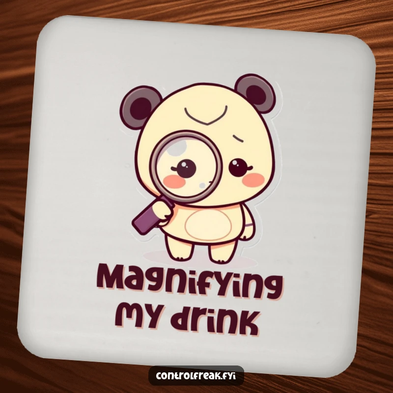 Funny Drink Coaster with a tiny character magnifying a dot, adding a humorous touch to drink protection and conversation.