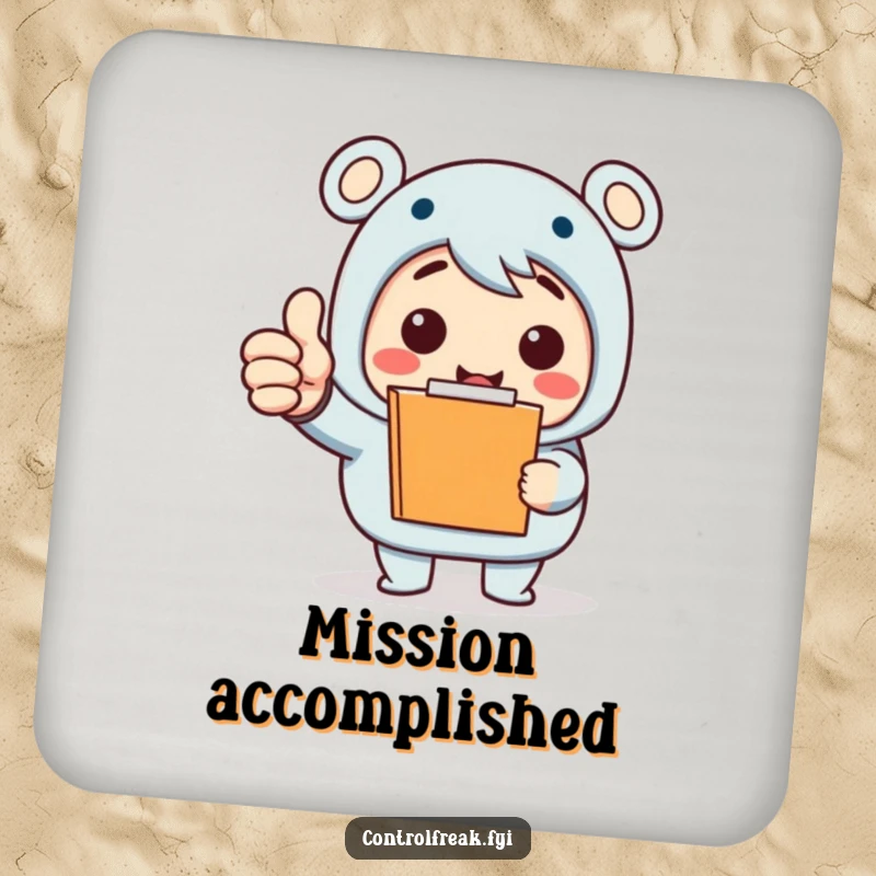 Funny Drink Coaster: Character with clipboard gives an energetic thumbs-up, celebrating minor victories. Stylish and funny gift.