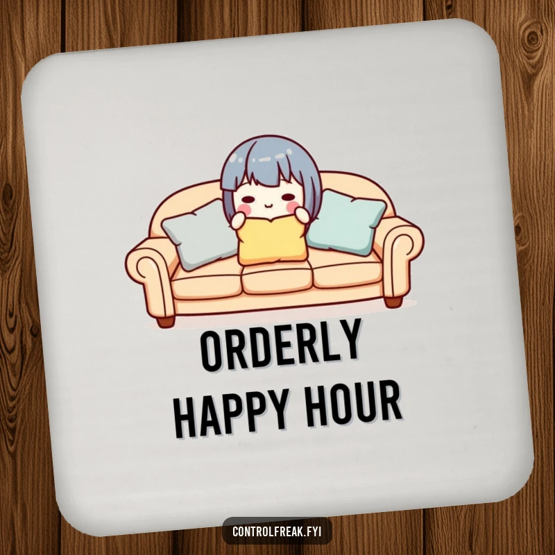 Funny cute character aligning sofa pillows, featured on a protective and humorous drink coaster.