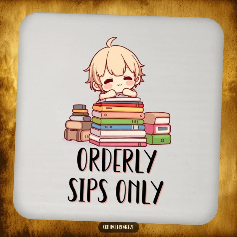 Funny coasters showcasing a character stacking items perfectly, protecting furniture with a humorous touch of organization.