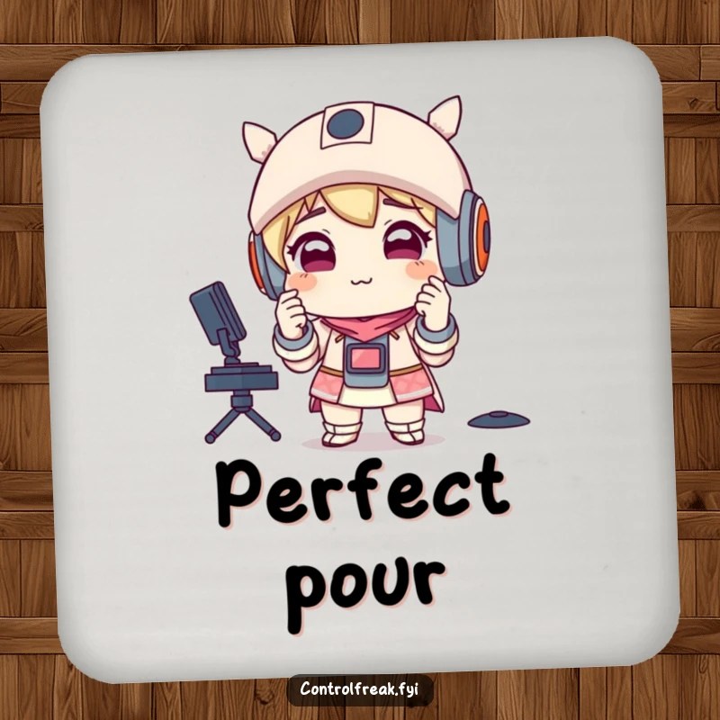 Funny drink coaster with a character with a satisfied smirk, adjusting perfectly aligned items, perfect for humorous surface protection.