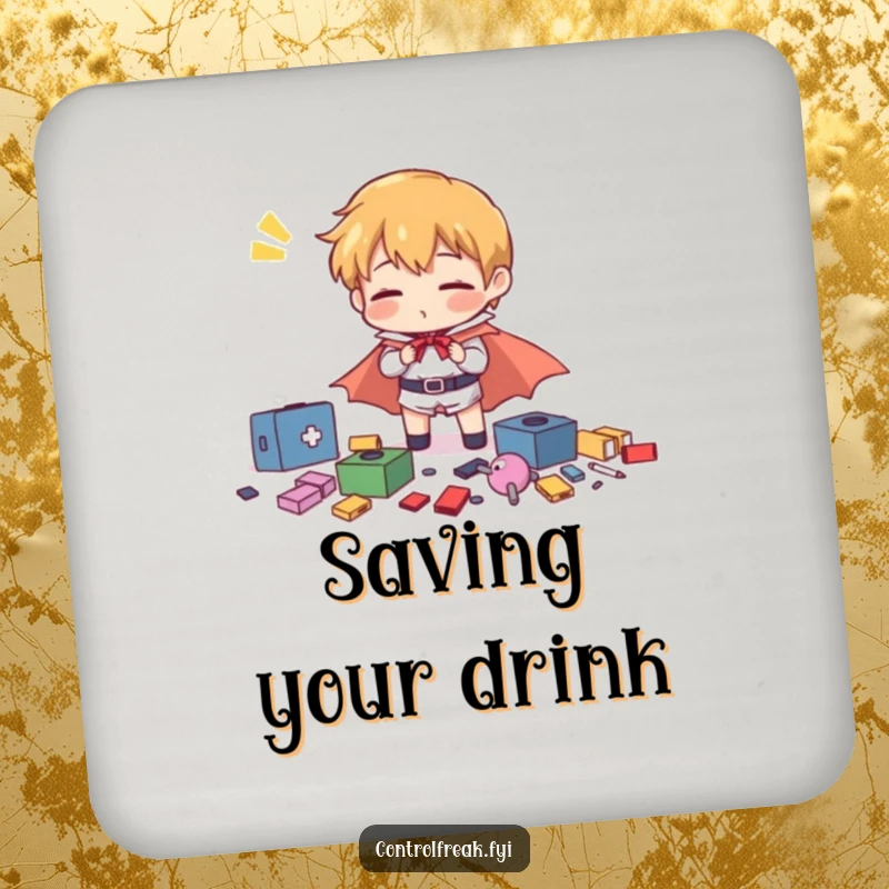 Funny character heroically and comically organizing scattered items with exaggerated effort, depicted on a protective drink coaster.