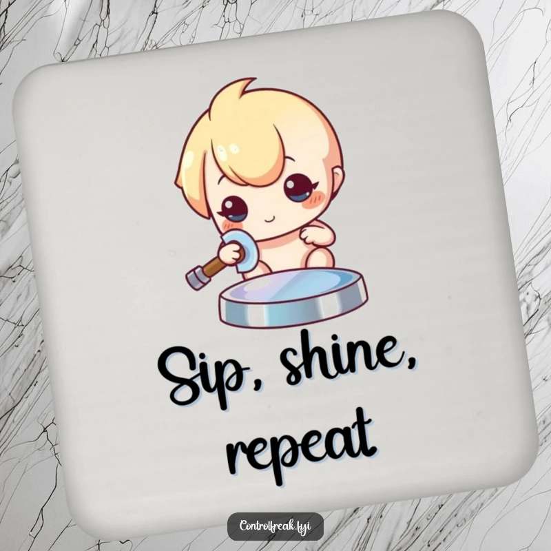 Funny Kawaii character coaster, meticulously polishing a shiny object to a brilliant sheen, protecting surfaces.
