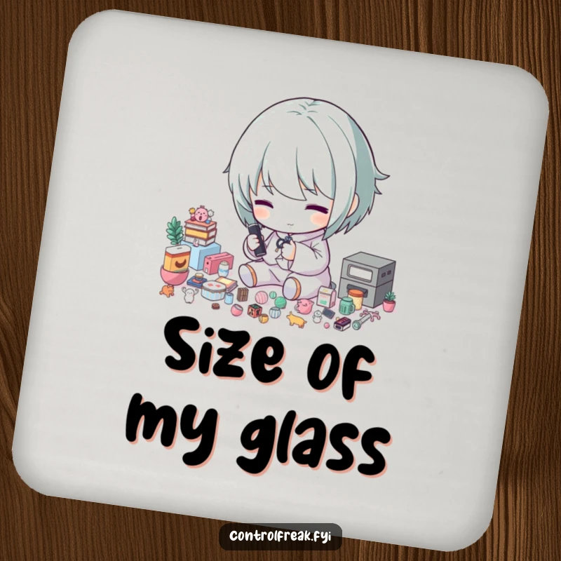 Funny drink coaster: A character meticulously sorts tiny items by precise size, representing extreme organization.
