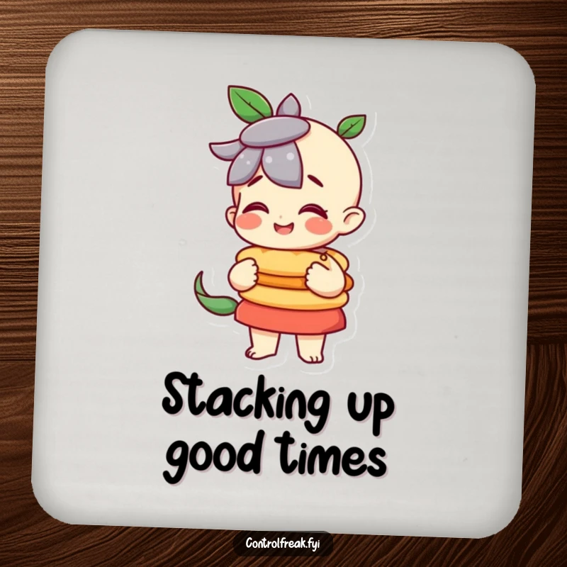 Funny character pleased with a perfectly balanced stack on these coasters, adding orderly humor to tabletops.