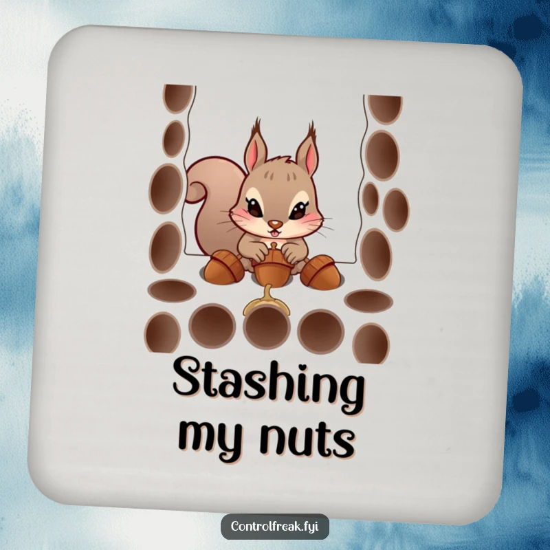 Funny drink coasters featuring a determined squirrel character humorously trying to fit acorns into precise holes, protecting furniture with humor.