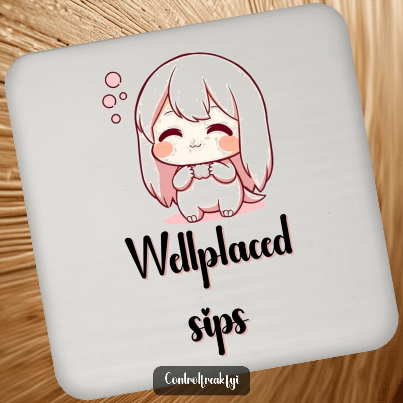 Funny coasters showcasing a character sighing contentedly over an arrangement, protecting furniture with a humorous touch of peace.