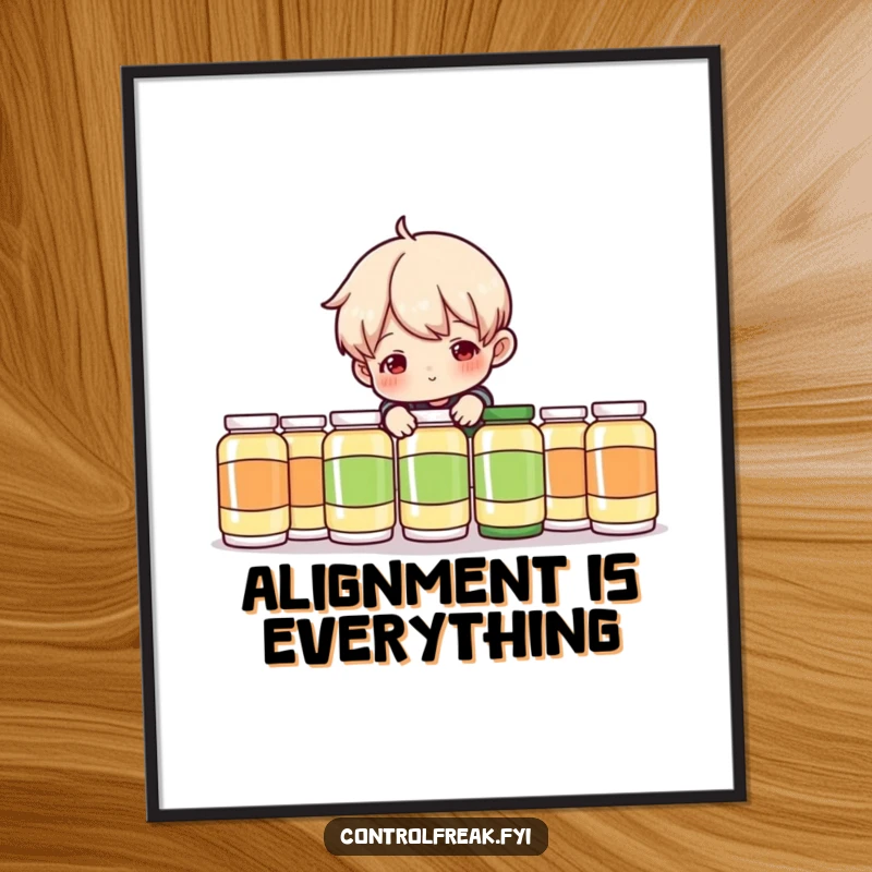Funny Poster: Character playfully adjusting a perfectly aligned row of objects, a charming and humorous piece of art.
