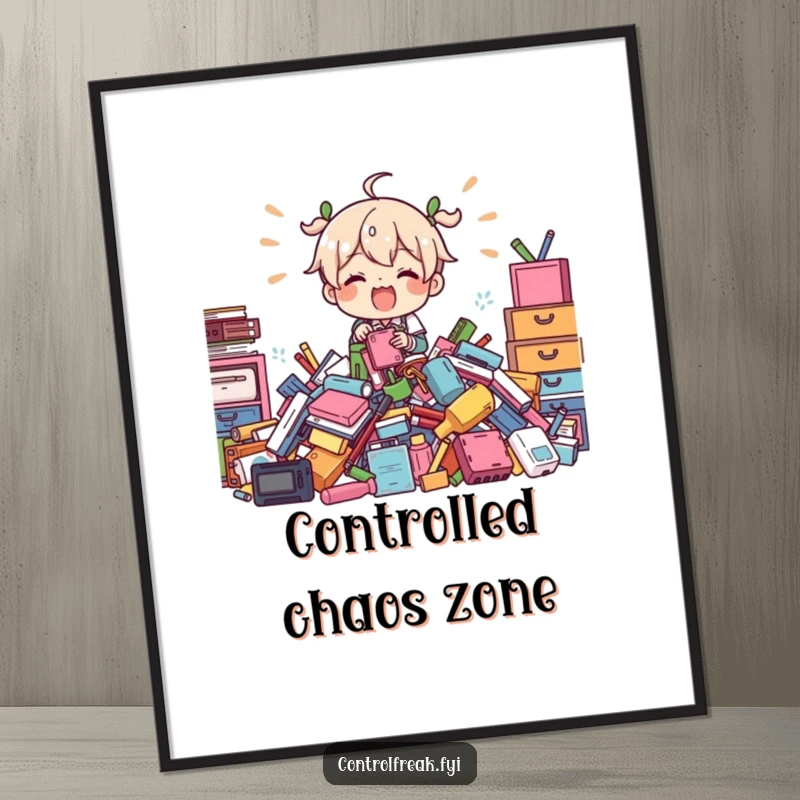 Funny Poster: Character enthusiastically organizing a large, unruly heap of items, a humorous depiction of managing clutter.