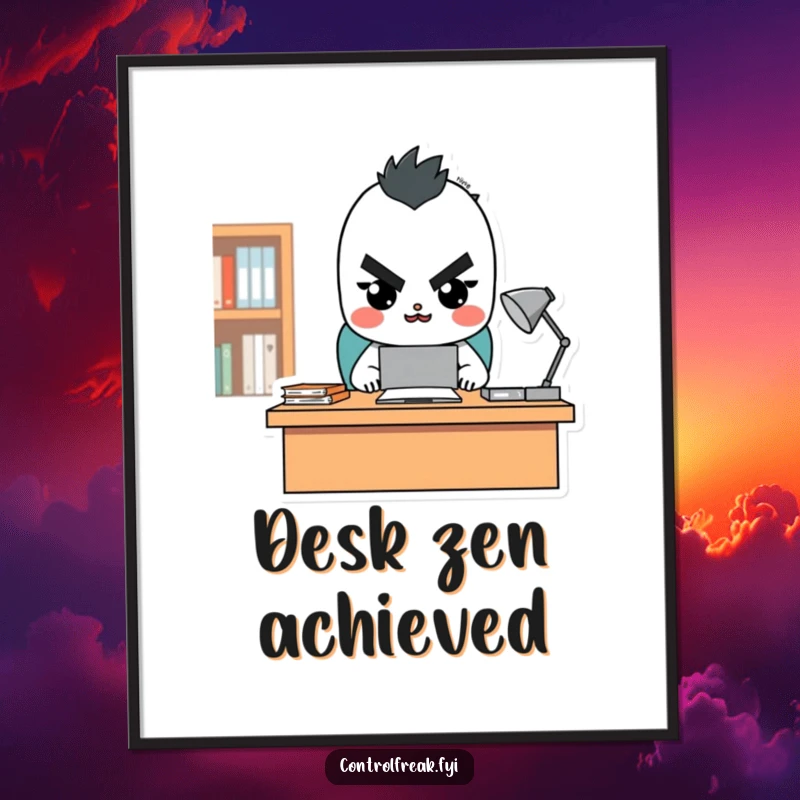 Funny character poster featuring a stern but happy look while overseeing a tidy desk, a humorous and organized piece of wall art.