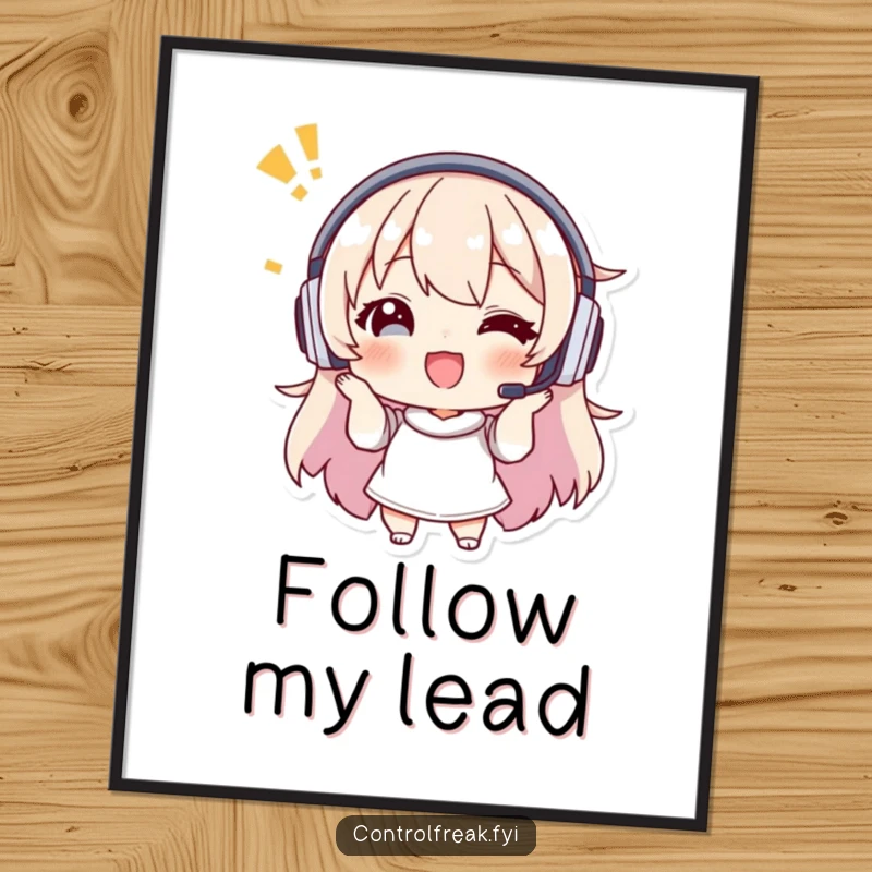 Funny poster featuring a character with a headset giving enthusiastic, precise instructions, perfect for motivational decor.