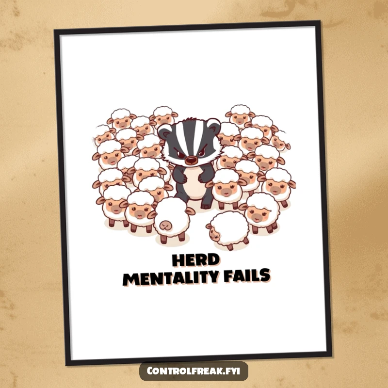 Funny Poster: A grumpy badger looks stressed while trying to herd a flock of very disorganized, scattered sheep.