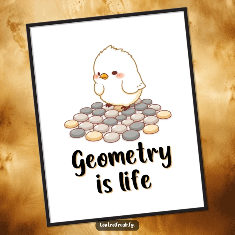 Funny Poster: A small, fluffy bird is shown meticulously arranging pebbles into perfect geometric patterns on the ground.