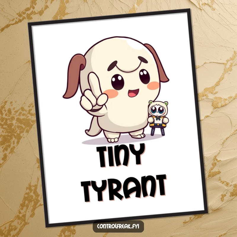 Funny poster showcasing a dramatic cartoon character pointing with intense focus, commanding a minuscule toy, ideal for whimsical office or room decor.