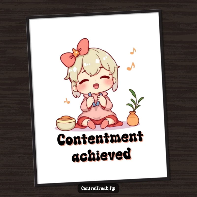 Funny poster depicting a character humming contentedly while tidying, symbolizing peace, order, and the joy of a clean environment. A calming, humorous wall art.