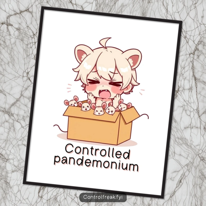 Funny poster of a frazzled character trying to herd energetic cartoon mice into a box, embodying humorous struggle and playful chaos.