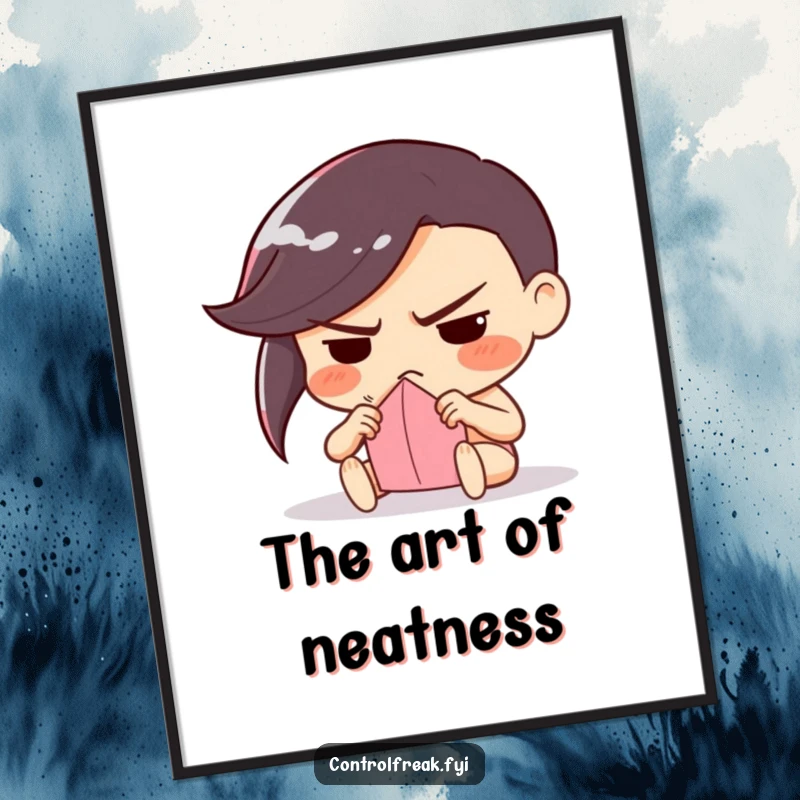 Funny poster of a character with a determined frown, meticulously folding a single piece of paper, symbolizing dedication and fine detail.