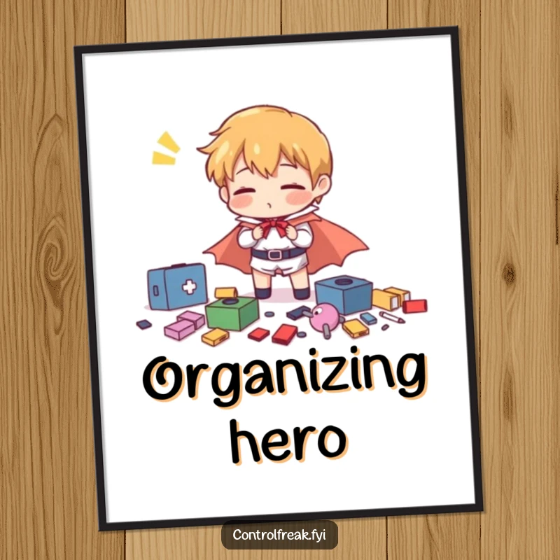 Funny character in a tiny cape comically organizing scattered items with exaggerated effort, a humorous wall art poster.
