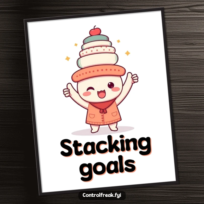 Funny poster of a kawaii character triumphantly holding a perfectly aligned stack of objects, celebrating neatness and order.