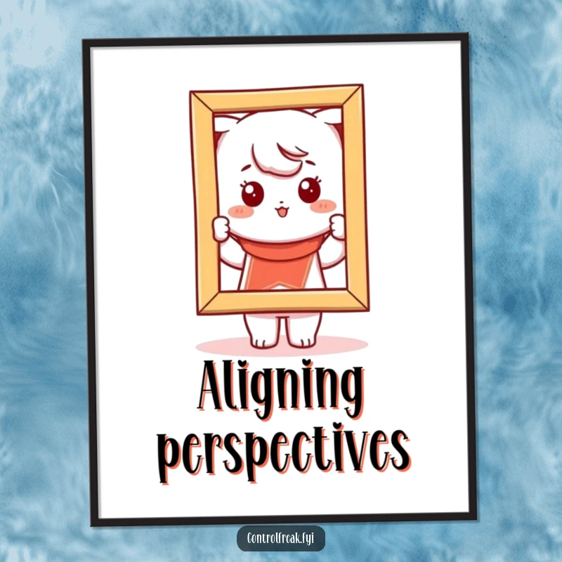 Funny Kawaii character poster, adjusting a picture frame to be perfectly straight, adding artistic order.