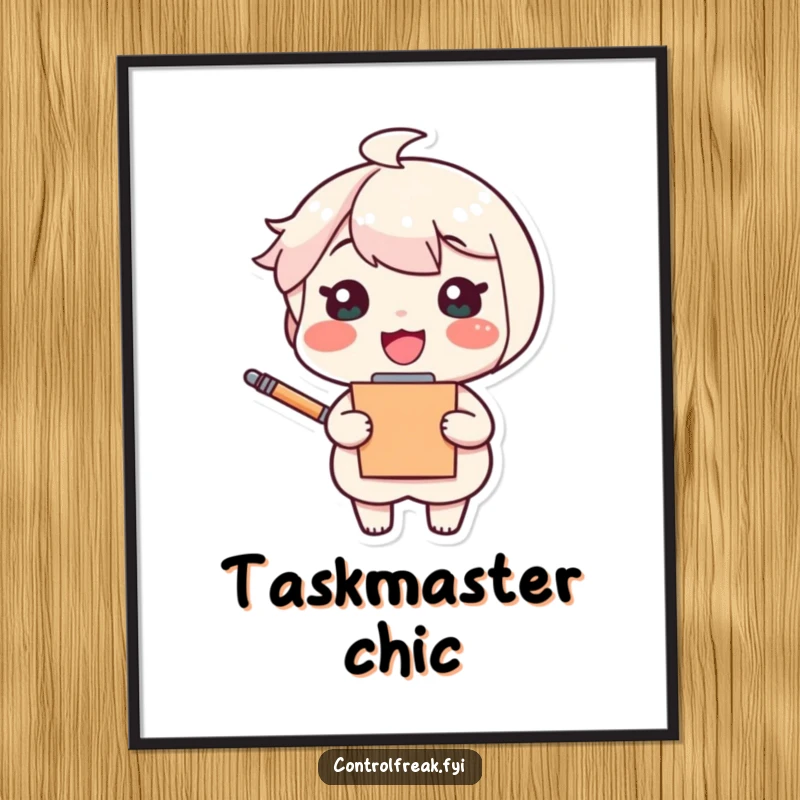 Funny poster showcasing a cheerful cartoon character with a clipboard and pen, looking deeply pleased with their organized plans and achievements.