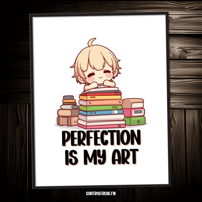 Funny poster of a character meticulously adjusting a neat stack, capturing the essence of organized satisfaction, humorous art.