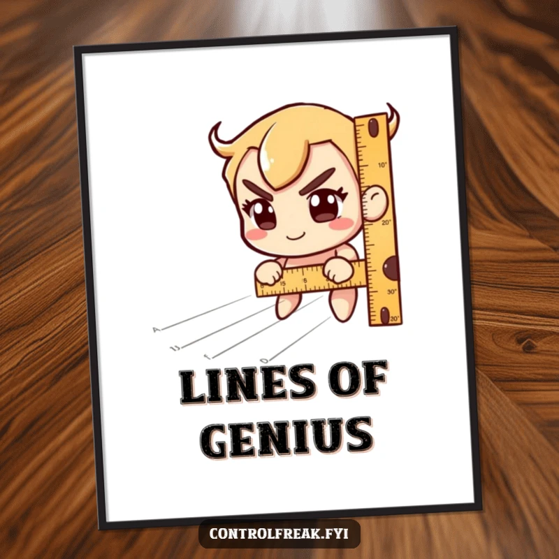Funny Poster: Character uses a ruler with intense focus to measure imaginary lines, a quirky smile playing on their lips. Amusing wall art.
