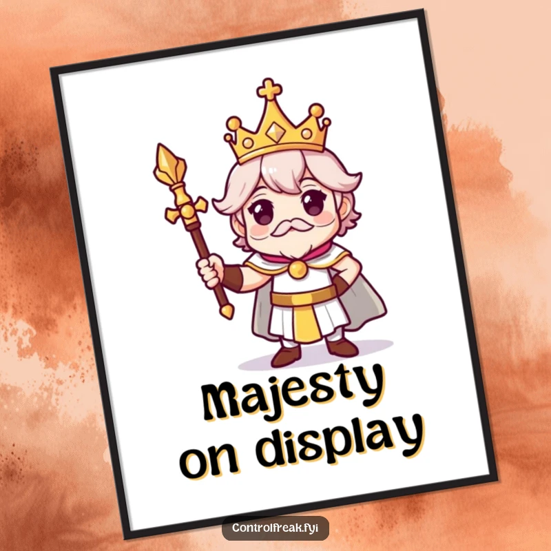 Funny poster showcasing a character with a small crown and scepter, striking a proud, regal pose, ideal for humorous wall art.