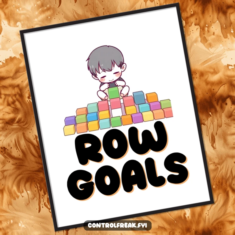 Funny poster art of a small character meticulously arranging colorful blocks into perfect, symmetrical rows, symbolizing order.