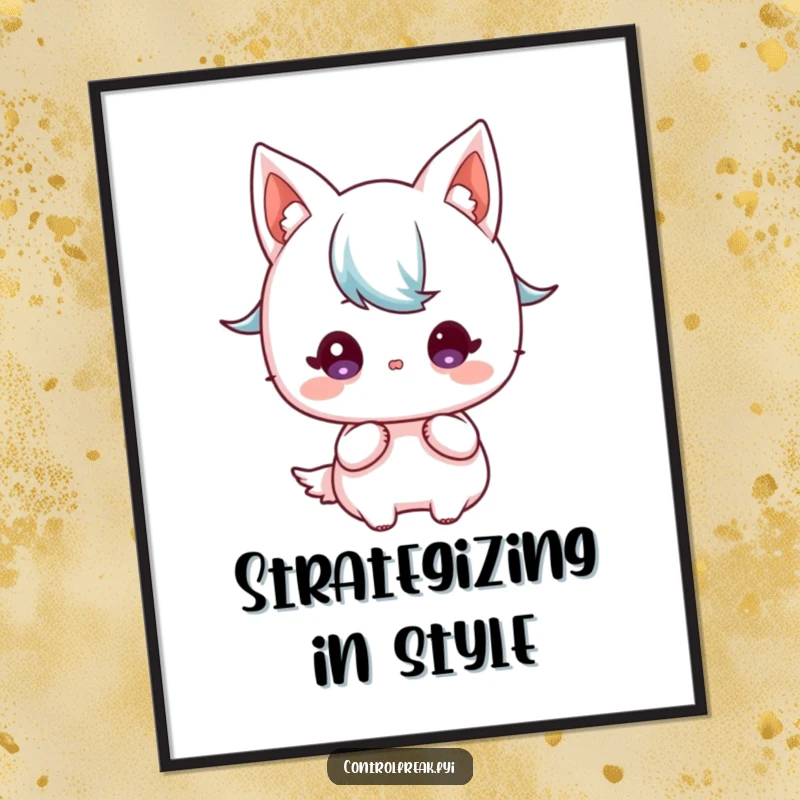 Funny Kawaii character poster art, focused gaze on a detailed blueprint, inspiring strategic decor.