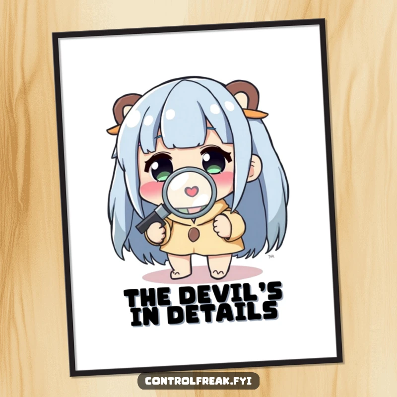 Funny Poster: Character using a magnifying glass to examine a tiny detail, a humorous piece of art for the curious.