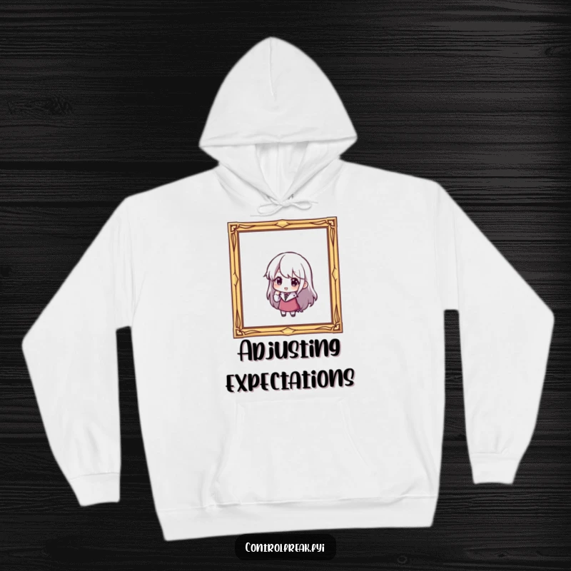 Funny hoodie: A character carefully adjusts a slightly tilted picture frame with meticulous attention to straightening it.