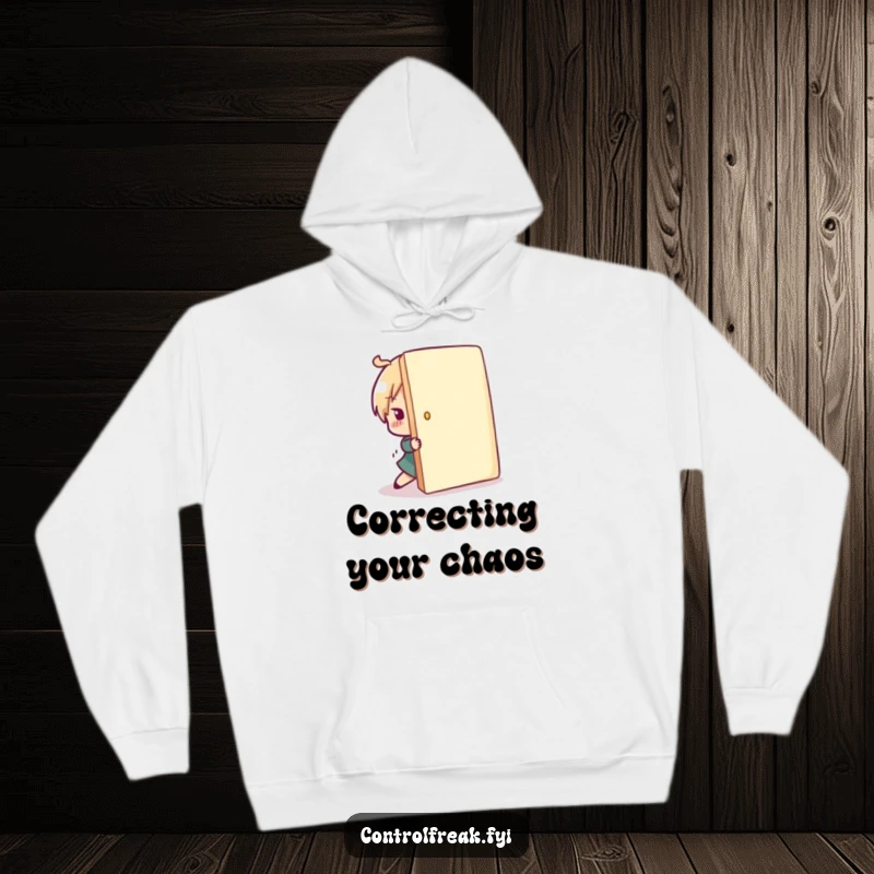 Funny hoodie featuring a character playfully pushing a misplaced item back into line, perfect for cozy comfort and humorous organization.