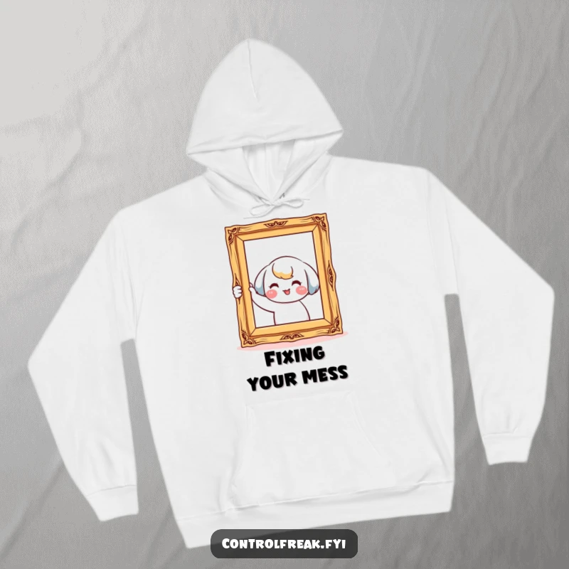 Funny kawaii coffee maker hoodie, happily jigging with buttons pressed, offering cozy and cheerful vibes for coffee enthusiasts.