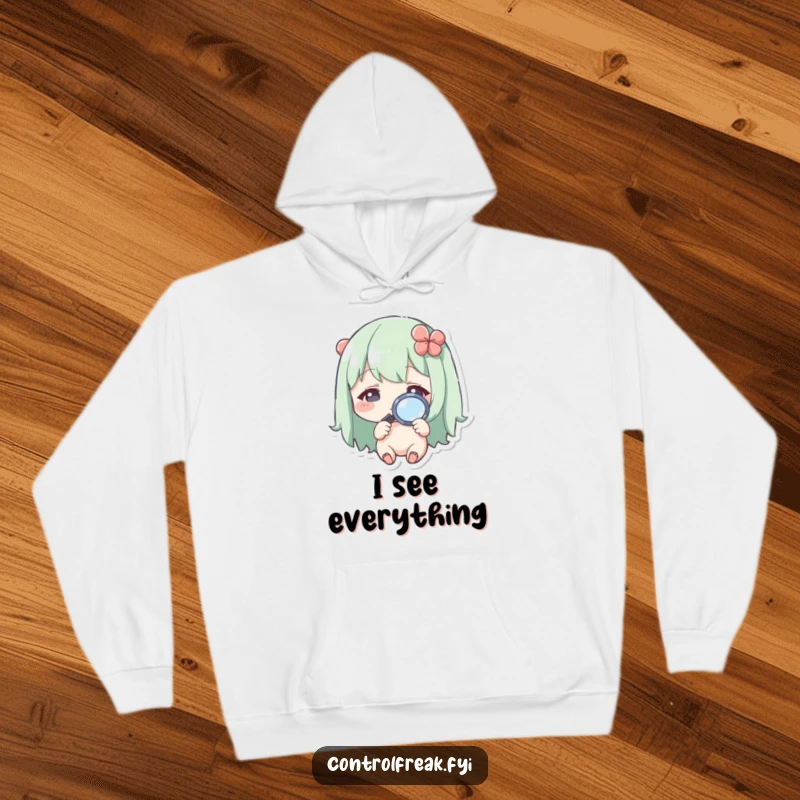 Funny Kawaii character hoodie, peering through a magnifying glass at a small detail, cozy and inquisitive.