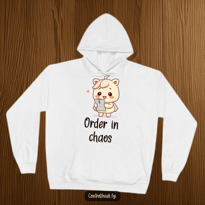 Funny Kawaii organizer hoodie soft and warm, smiling with a clipboard, perfectly arranging everything.