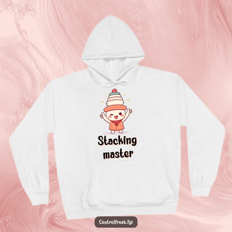 Funny kawaii coffee maker hoodie, happily jigging with buttons pressed, offering cozy and cheerful vibes for coffee enthusiasts.